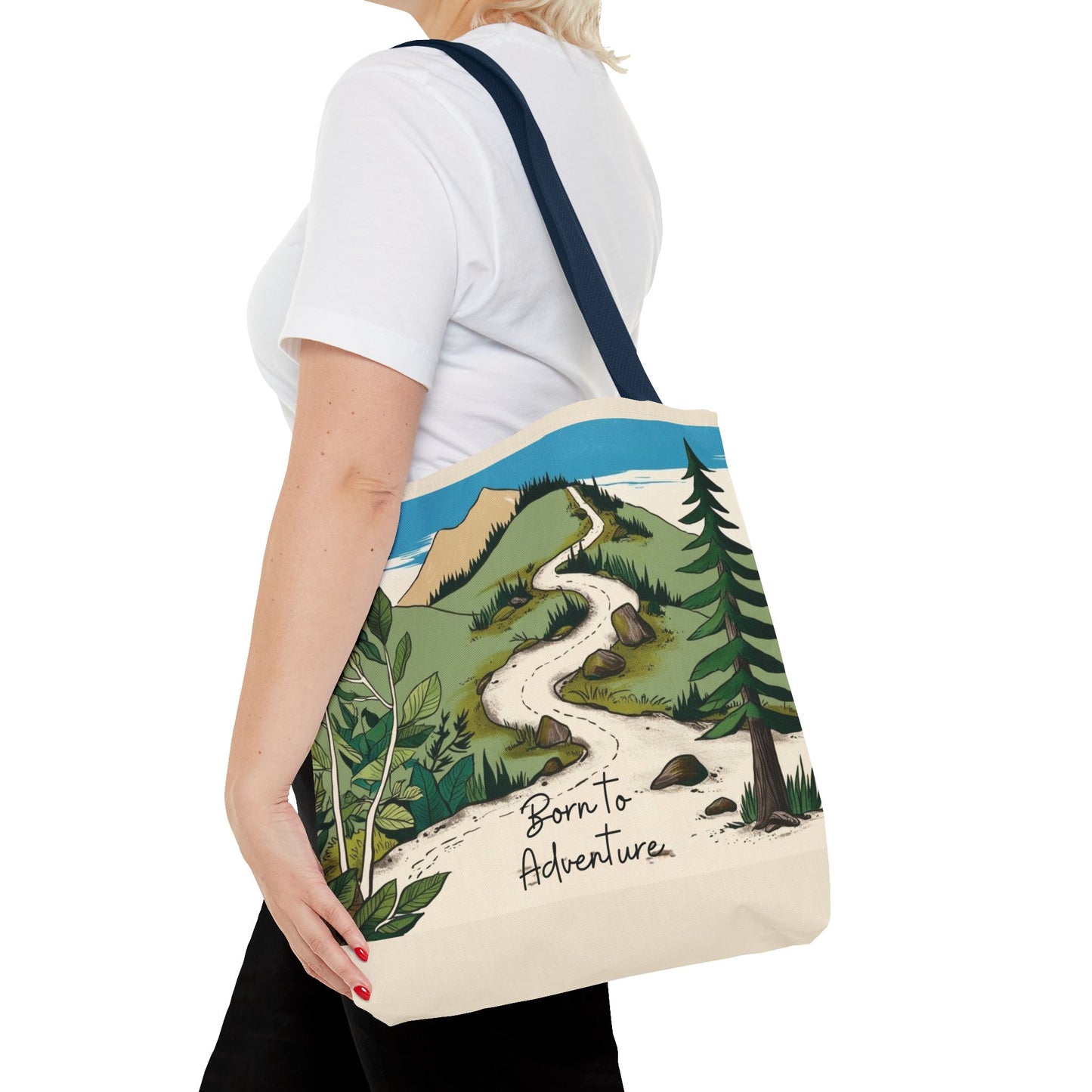 Born to Adventure Scenic Hiking Tote Bag for Nature Lovers |Scenic Mountain trail reusable grocery bag |Hikers farmers market tote