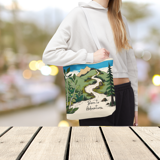 Born to Adventure Scenic Hiking Tote Bag for Nature Lovers |Scenic Mountain trail reusable grocery bag |Hikers farmers market tote