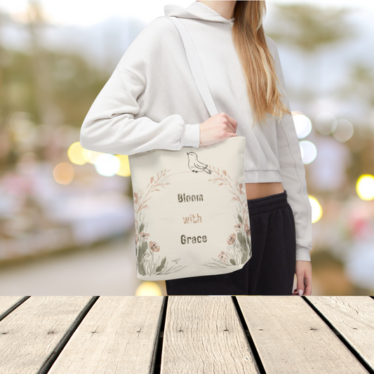 Floral Tote Bag - Bloom with Grace Vintage Inspired Design, Wildflower Wreath Shoulder Purse, Cottagecore aesthetic reusable bag, Botanical library bag